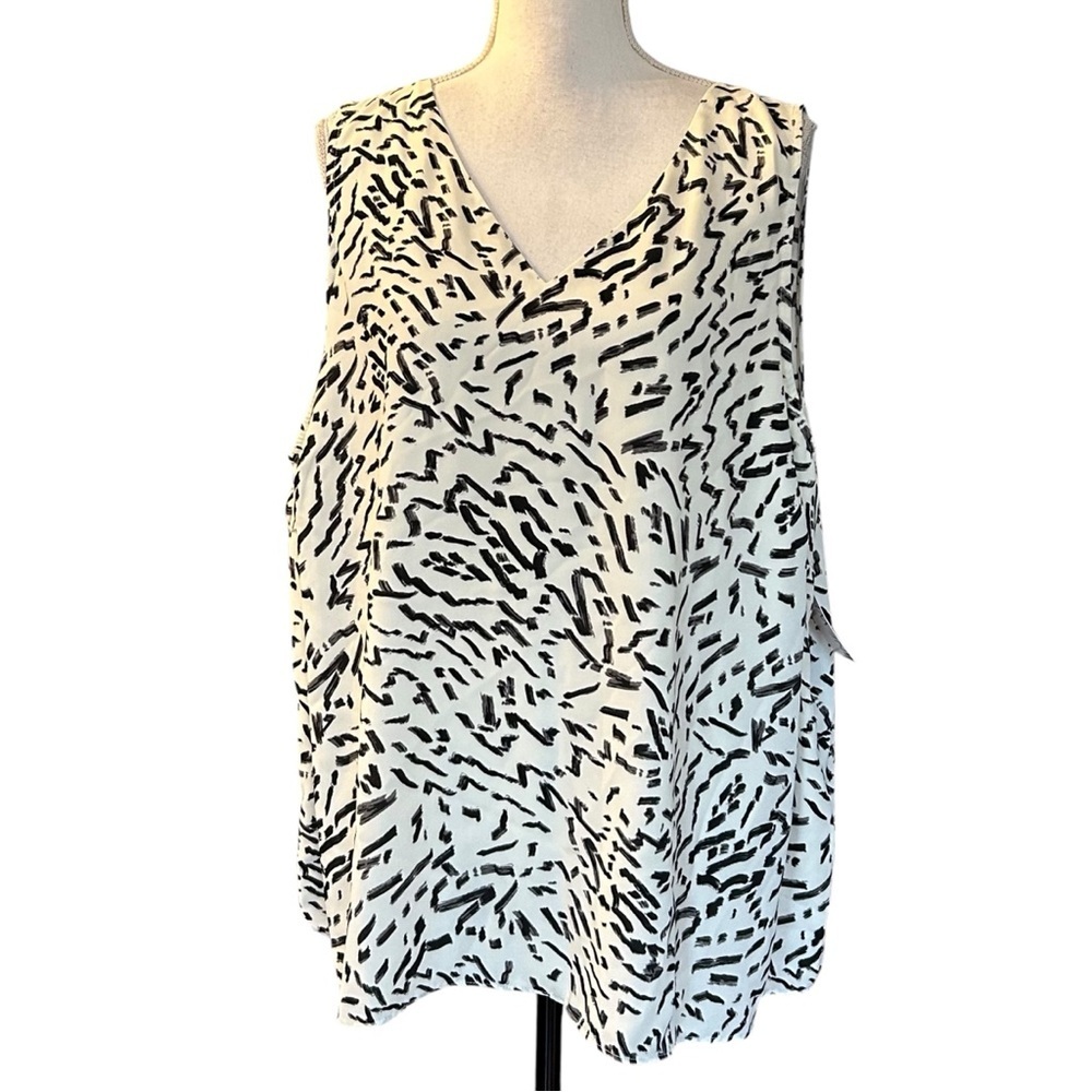Nine West Easy V-neck Print Tank Top Women’s Sz 2X‎ Black White Pattern NEW